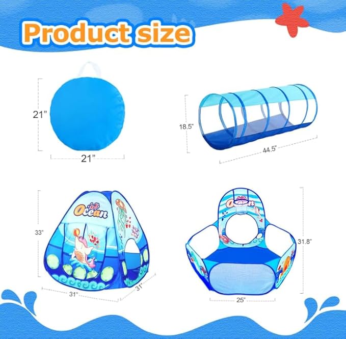 3 in 1 Kids Play Tent with Play Tunnel, Ball Pit, Toddler Pop Up Playhouse Toy for Baby Indoor Outdoor