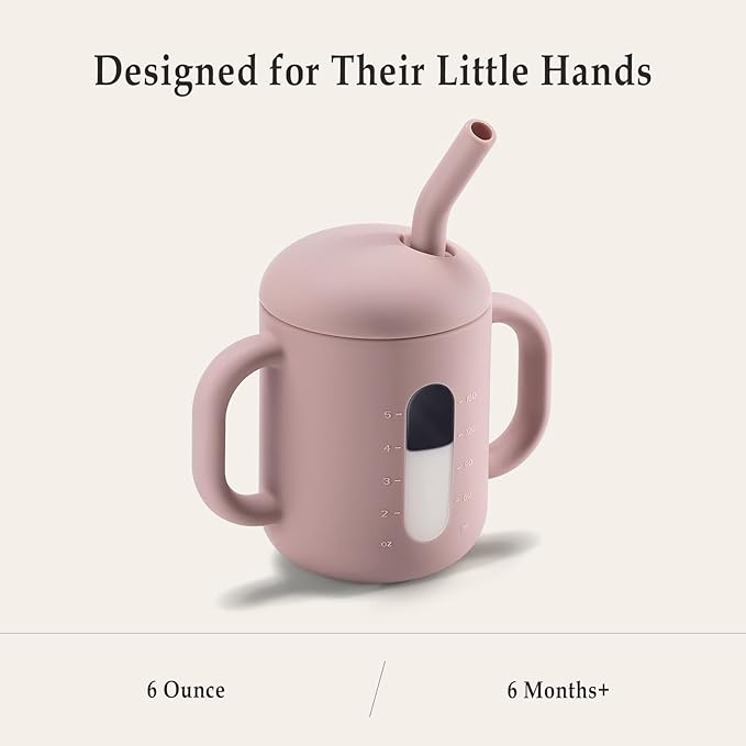 CLYMENE Silicone Training Cup with Straw & Handles | Baby Sippy Cup | Water Drinking Cup for Infants and Toddlers 6 Months+, 6 oz, Blush