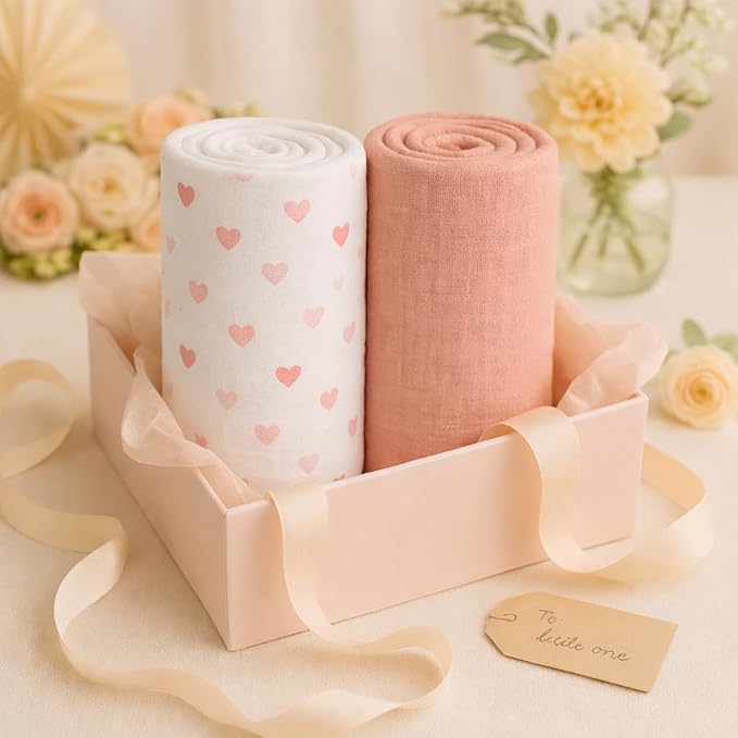 Soft 100% Cotton Swaddles for Newborns, 2- Pack - Large, Breathable Baby Blanket - Versatile, Durable Muslin Swaddle Blankets - Perfect Newborn Essentials (Hearts/Pink)