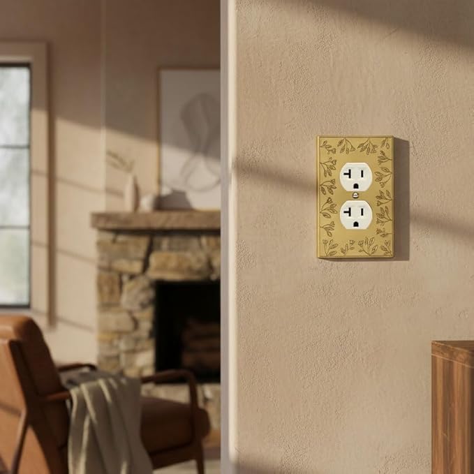 Rio Salto Metal Floral Decorative Wall Plate Outlet Cover Light Switch Cover Plate Electrical Outlets Single Duplex 1-gang Flower Wall Plates Brushed Gold, 1-Gang Duplex (1-Pack)