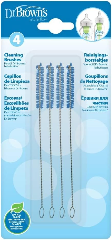 Dr. Brown?™s Natural Flow Reusable Baby Bottle Vent System and Reservoir Cleaning Bristle Brush, BPA Free, Blue Brushes, 4-Pack