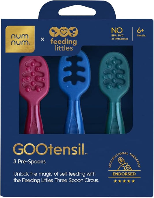 NumNum Baby Spoons Set, Feeding Littles x Silicone Pre-Spoon GOOtensils for Baby Led Weaning, Self-Feeding & Teething, First Stage Toddler Utensils for Ages 6+ Months, 3-Pack, BPA-Free (Jewel Tones)