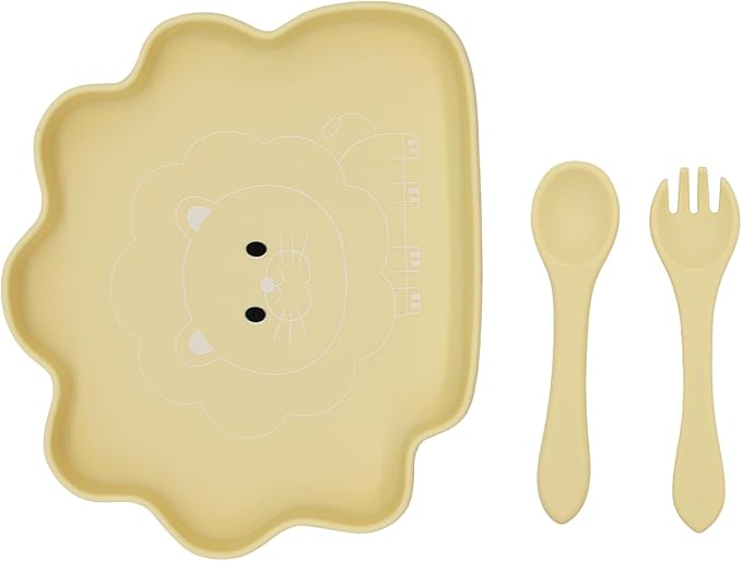 BabyX Baby Silicone Feeder Set, 3-pcs Safari Wildlife-themed Baby Plate with Suction, Spoon and Fork for Babies Toddler Kids, BPA-Free, Baby Utensils Feeding Supplies, Microwave and Dishwasher Safe