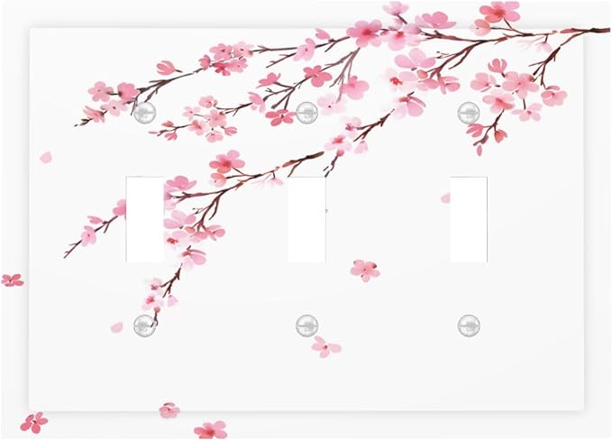 Watercolor Cherry Blossoms Flowers Pink Floral Decorative Switch Plates 3 Gang Wall Plate Triple Toggle Light Switch Cover Faceplate Electrical Wall Panels for Bedroom Living Room Decor
