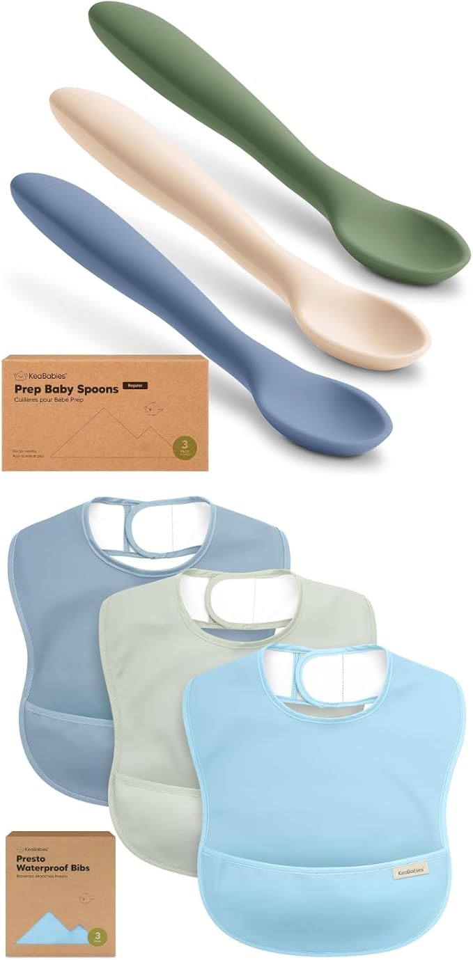 KeaBabies 3-Pack Silicone Baby Spoons and 3-Pack Waterproof Baby Bibs for Eating - Toddler First Food Training Spoon - Lightweight Boys & Girls Bib with Food Catcher