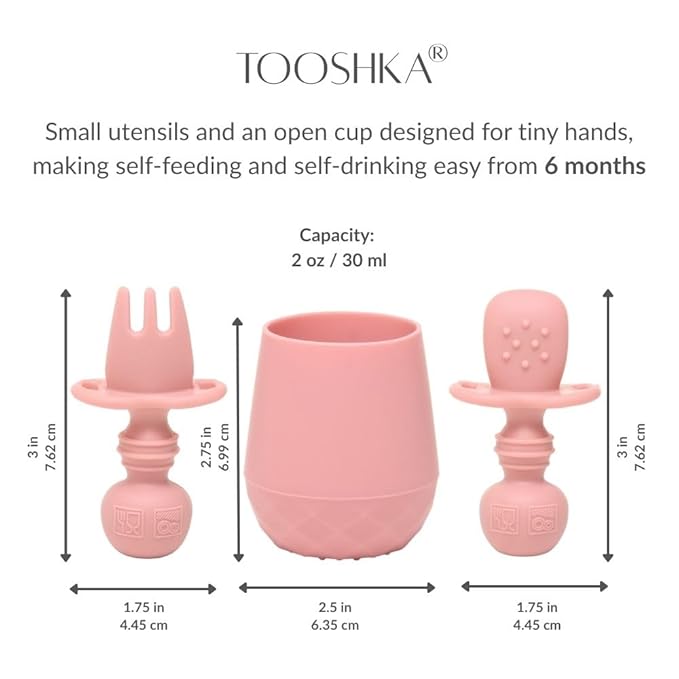 Tooshka® Baby Utensil Set (3 pcs) - Self Feeding Spoons and Tiny Cup - Silicone & BPA Free - Baby-Led Weaning (BLW) Supplies - Ages 6+ Months - Pink Baby Cup & Utensils