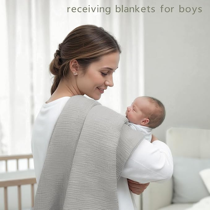 Muslin Swaddle Blankets for Baby Boy - 3 Pack 47x47 Inch Large Receiving Blankets, Soft Breathable Cotton Nursery Swaddles for Newborn, Infant & Todler (Gray, Cream White, White)