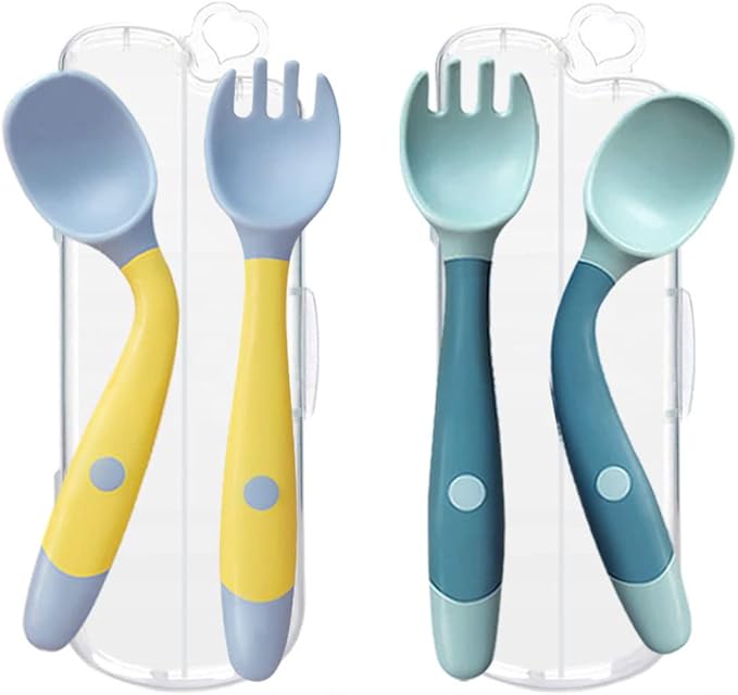 Toddler Utensils with Travel Case, Baby Spoon and Fork Set for Self-Feeding Learning Bendable Handle Silverware for Kid Children (2 Set, Yellow&Green)