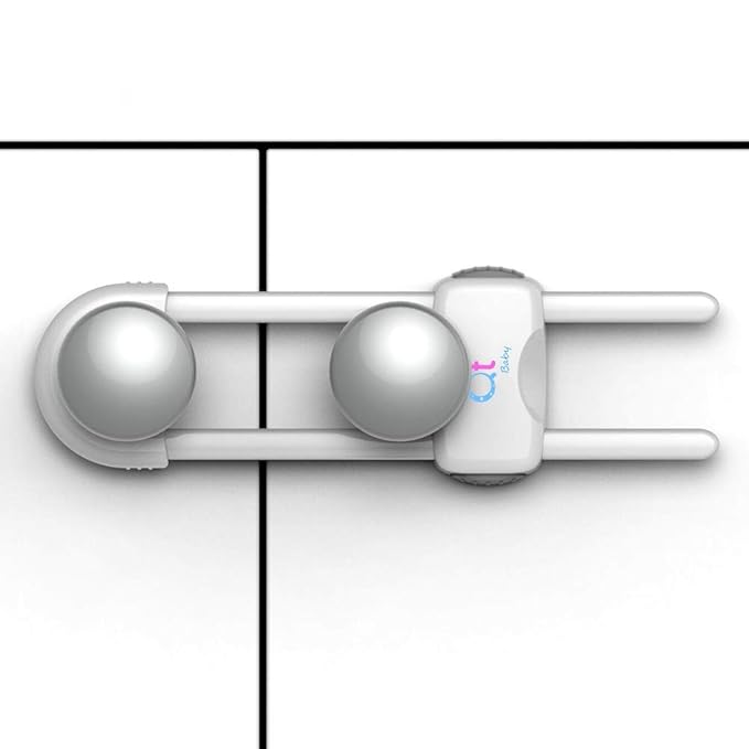 QT BABY Baby Proofing Cabinet Locks | Adjustable U Shaped Baby Safety Latches for Drawers, Fridge, Closet |Modern Baby Proofing Cabinet Lock with Extra Secure Lock Buttons (Pack of 2, White)