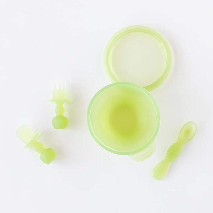 Bumkins - Jelly Silicone Bowl, Lid, Spoon, Training Chewtensils - For Ages 4 Months+ - Suction Base - 100% Food-Safe Silicone - Oven, Microwave, & Dishwasher Safe - Jelly Green