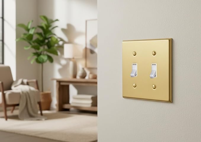 Rio Salto BRASS Double Light Switch Cover Plate Toggle Wall Plate Cover Brushed Brass Gold Metal Outlet Covers Light Switch Plates Switch Cover ??Signature Collection Standard Size 4.50" X 4.56"