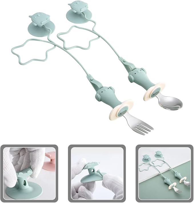 Zerodeko 1set Fork and Spoon Training Utensils Cup and -Drop Chain for Toddlers for First Stage Weaning