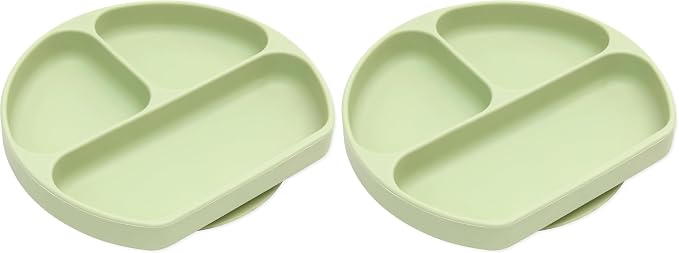 Bumkins Silicone Grip Dish, Suction Plate, Divided Plate, for Baby and Toddler, BPA Free, Microwave and Dishwasher Safe – Sage (Pack of 2)