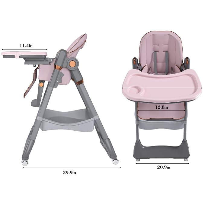Portable Baby High Chair with 5-Level Height & 4-Tray Adjustments, 3-Position Recline, 12.8" Wide Seat (160lbs Capacity), Compact Fold for Home & Travel (6 Months-6 Years) (Pink)