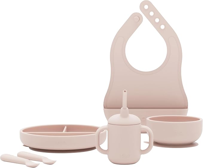Lalo First Bites Silicone Baby Feeding Set - Baby Led Weaning Supplies - Non-Toxic Silicone - Includes 1 Bib, 2 Spoons, Training Cup, Suction Plate and Bowl - 6 Pieces - Grapefruit