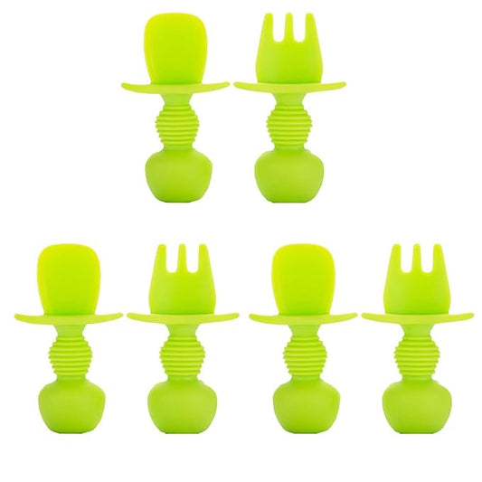 Spoon and Fork Set-Baby Toddler Self-Feeding Utensils –Baby Led Weaning – Non-Toxic Plastic – Featuring Protective Barriers to Prevent Choking and Gagging (Green)