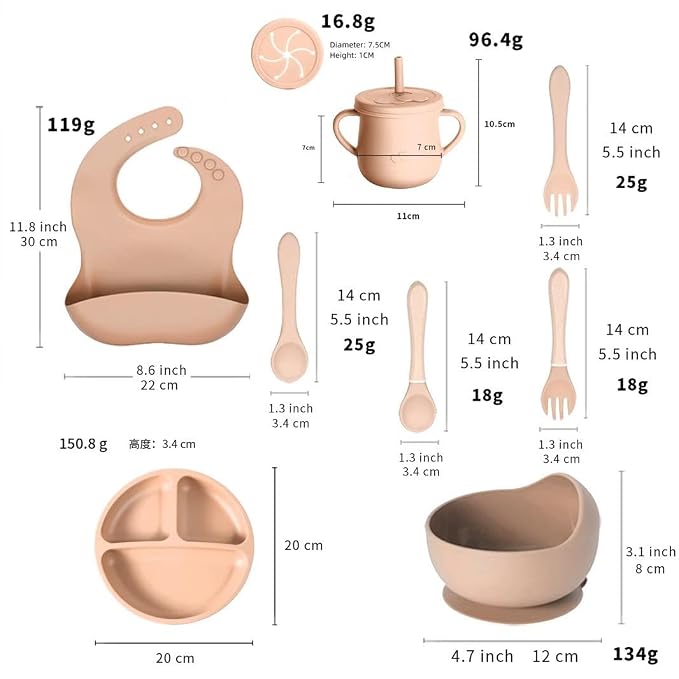 BPA-FREE 7-Piece Silicone Baby Feeding Set, Non-Toxic Plates and Utensils, Includes Divided Plate, Suction Bowl, Sippy Cup, Bib, Spoons and Fork (beige)
