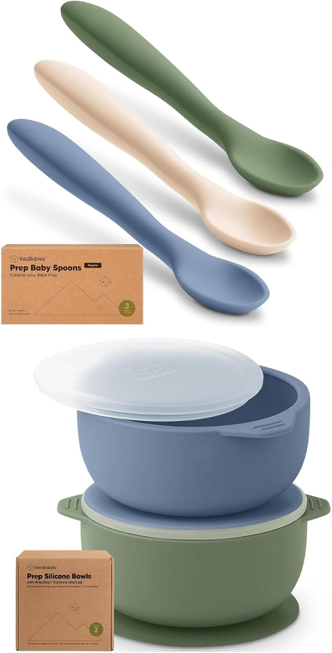 KeaBabies 3-Pack Silicone Baby Spoons and 2-Pack Baby Bowls with Suctions, Lids - Toddler First Food Training Spoon - Silicone Suction Bowls for Boy, Girl