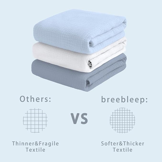 Muslin Swaddle Blankets for Baby Boy - 3 Pack 47x47 Inch Large Receiving Blankets, Soft Breathable Cotton Nursery Swaddles for Newborn, Infant & Todler (Blue, White, Dusty Blue)
