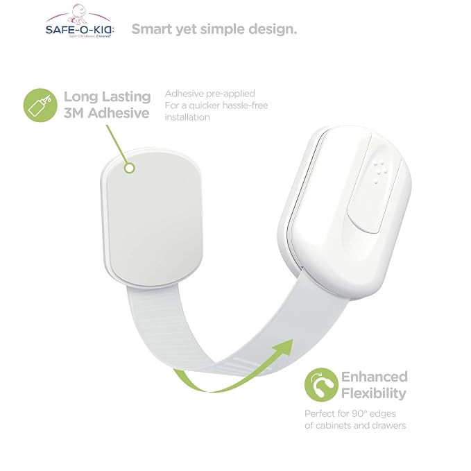 Safe-O-Kid Superior Quality Baby Proofing Locks (8 Pack) with Extra 4 Cleaning Pads & 4 Extra 3 M Adhesive – Extra Safe & Strong, NO Drill, Easy Install, Damage Free, Strong Adhesive, Heavy Duty