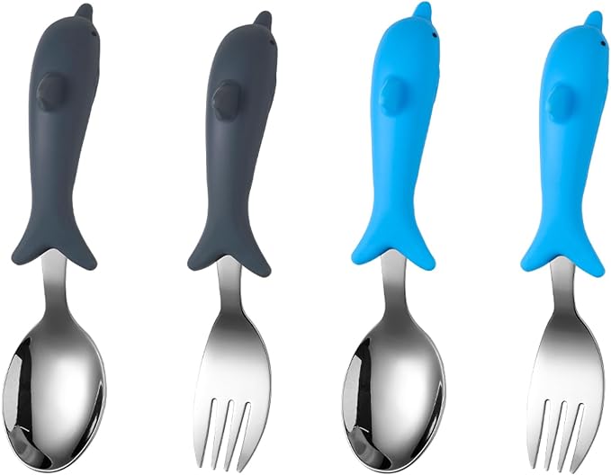 Baby Toddler Fork and Spoon Utensil Set, Dolphin, 4 Pack | With Case, Silicone Handle, 304 Stainless Steel