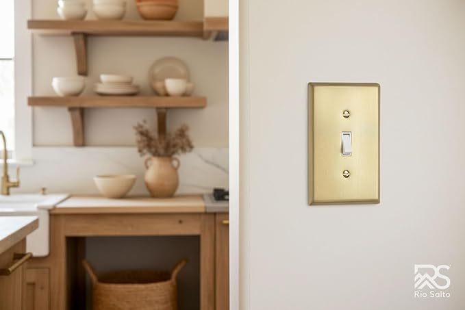 Rio Salto BRASS Signature Collection Brushed Brass Gold Metal Outlet Cover, Decorative Light Switch Cover Plate Wall Plate, Premium, Toggle Flip Switch 1-Gang, 2.75" X 4.50" Standard Size 2-pk