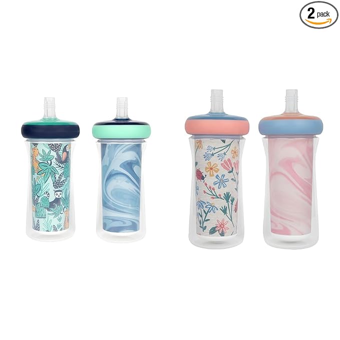 The First Years Insulated Straw Cups for Toddlers 2pk – Wild and Free & Marbled and Ladybug & Marbled, 9 ounce