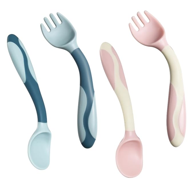 Mobestech 2 Sets Flexible Silicone Fork and Spoon Portable Lightweight Feeding Utensils in Safe Materials for Complementary Food Use