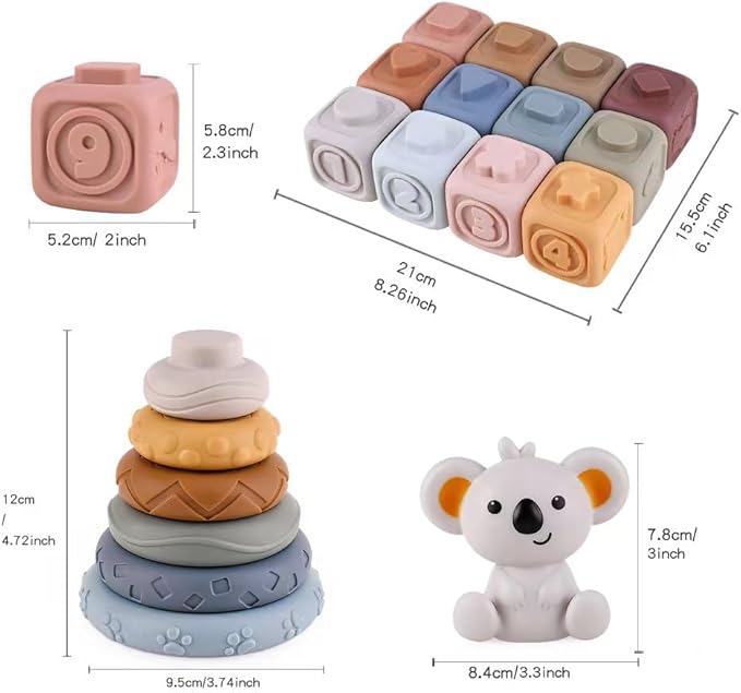 2-in-1 Soft Stacking Blocks & Rings,Montessori Sensory Toys for Babies 6 12 18 Months,Essentials Squeeze Teether,Textured,Sensory Educational Learning Toys for Infant