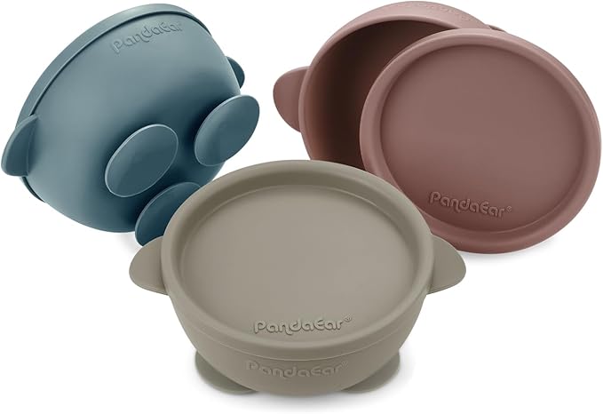 PandaEar 3 Pack Baby Suction Bowls with Lids ??Stay Put Silicone Toddler Bowls for Self-Feeding & Travel, 100% Food Grade BPA-Free, Leakproof Feeding Set (Muted Earth Tones)