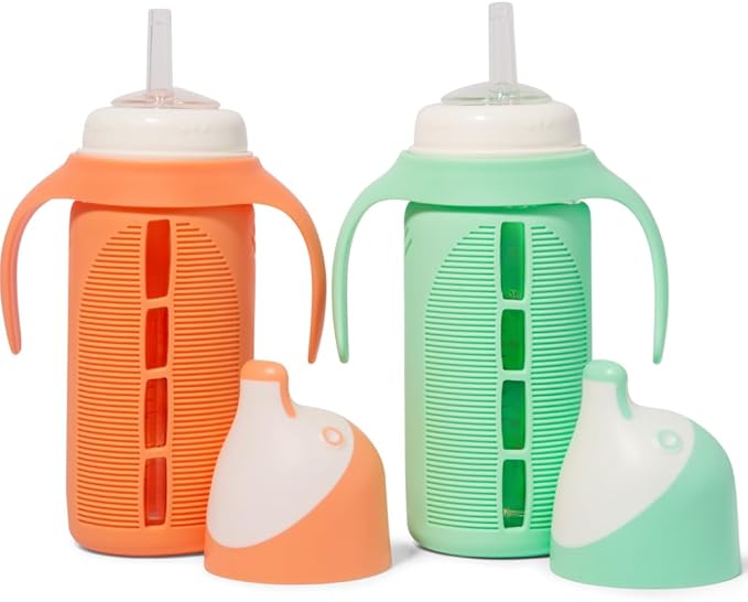 Tabor Place Set of 2 - Glass Sippy Cup for Toddlers - The Luca | Spill-Proof | Silicone Straw | Mint Green & Orange | 8 oz | Liquids Never Touch Plastic | Removable Handles??(orange)