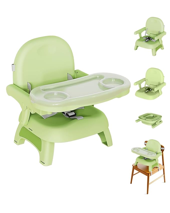 Booster Seat for Kitchen Chair, 3-in-1 Foldable & Portable Booster Seat with Tray, Extra Dishwasher-Safe Tray, Safety Straps for 6??8M (Up to 30 lbs), for Dining Table & Travel, Green