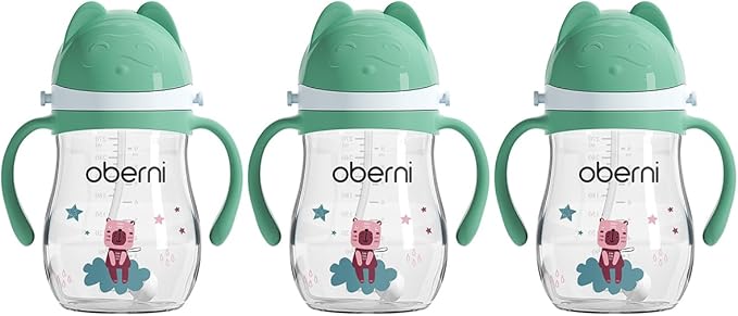 Oberni Tritan Sippy Cup, 270ml/9oz Baby Water Drinking Bottle with Removable Handle and Strap, Leak-Proof Training Cup for 12M+/1 Years+ Toddlers, Green/Pack of 3