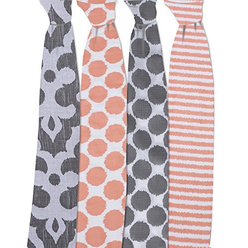 Bacati Ikat Coral/Grey Dots/Stripes Swaddling Muslin Blankets Set of 4