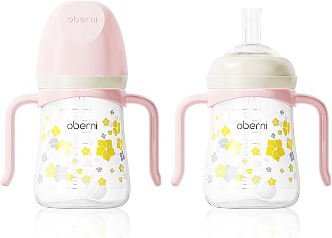 Oberni Toddler Sippy Cup 10oz, Weighted Straw Baby Drinking Water Bottle with Valved Spout for 6+ Months, 300ml/Pink/2Pack