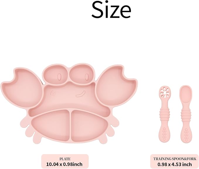 BabyX Silicone Feeding Set (3 PCs) Cove & Coast Series, Baby Plate with Suction Cup, Training Spoon and Fork, BLW Utensils for Toddler Kid, BPA-Free, Microwave/Dishwasher Safe - Pink Crab