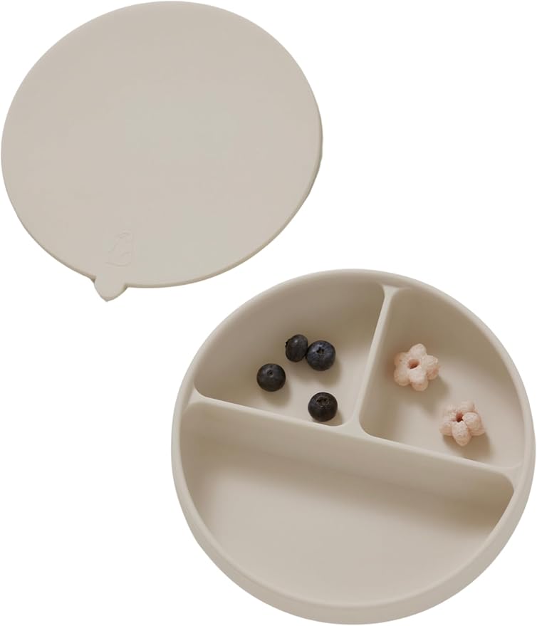 Konny EASYFEED Silicone Plate with Lid (1-4Y) 3-Divided Suction Plate Baby Led Weaning Supplies Training Baby Utensils Feeding Supplies (Cream)
