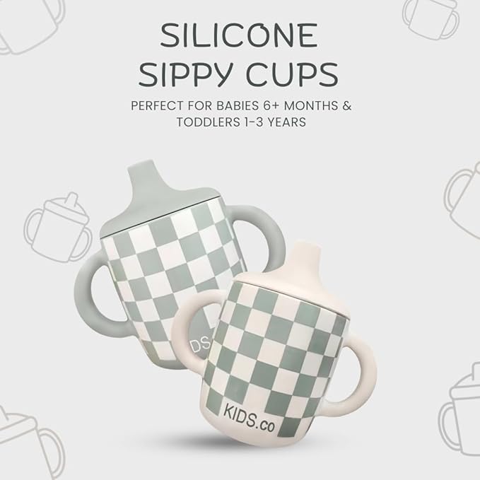 KIDSco. Silicone Sippy Cups (2 Pack) ??Soft Spout & Easy Grip Handles for Babies 6+ months, Plastic Free, Toxic Free Silicone, Leak-Resistant, Dishwasher Safe (Checkers)