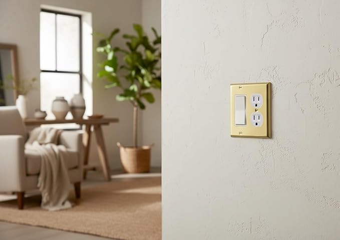 Rio Salto Metal Gold Outlet Cover Light Switch Cover Wall Plate, Corrosion Resistant Double Light Switch Plate Combo 2 Gang Standard Size Brushed Brass Combination Rocker Duplex