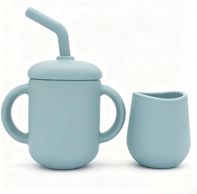 Silicone Training Cups - Drinking Training Straw Cup & Open Weaning Cup for Babies 6-12+ Months, Food-Grade BPA-Free Baby Led Weaning Drinking Set(Rose) (Light Blue)