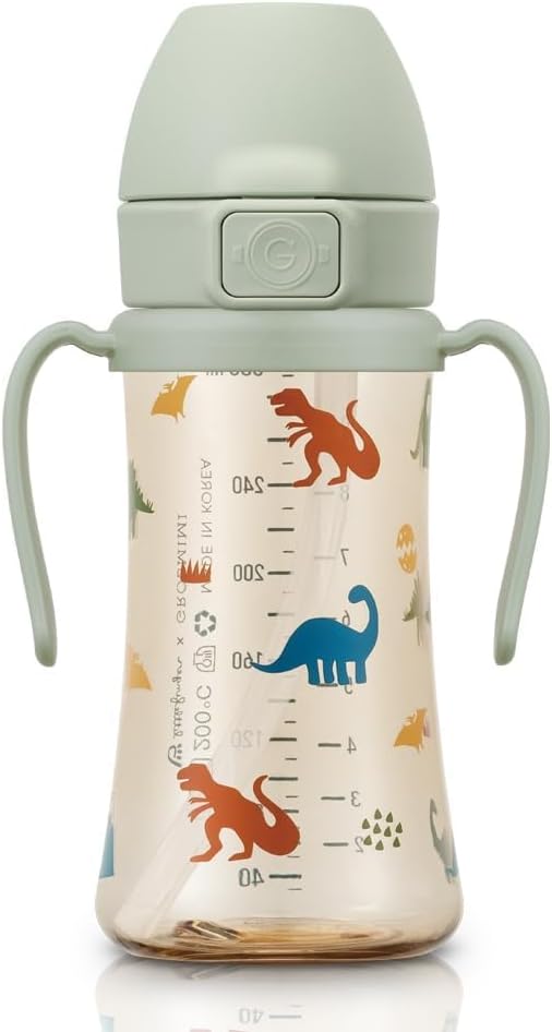 GROSMIMI Flip Top Spill Proof Sippy Cup, PPSU, BPA Free, 10 oz, Stage 2 Straw for Toddlers, 2-pack (Air Balloon & Dinosaur)