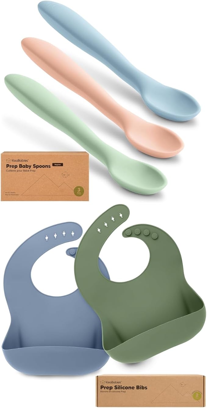 KeaBabies 3-Pack Silicone Baby Spoons and 2-Pack Baby Silicone Bibs - Toddler First Food Training Spoon - Waterproof, Easy Wipe Bib for Boys, Girls, Toddlers