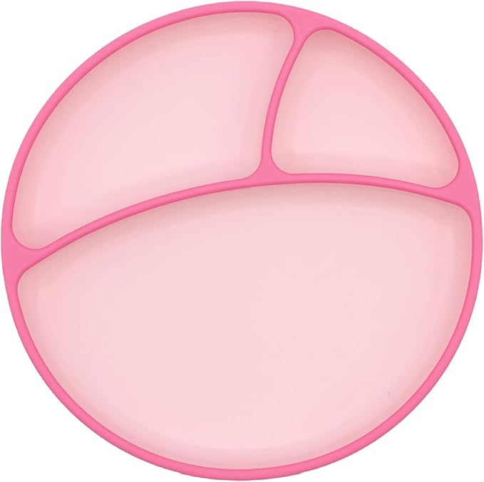 WeeSprout Toddler Plate with Suction Base ??Two-Tone Baby Plate with Dividers, Food-Grade Silicone (Pastel Pink/Bright Hot Pink)