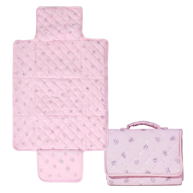 Disney Minnie Mouse Portable Baby Changing Pad Quilted Poplin Waterproof Wipeable Diaper Changing Mat for Travel and Nursery