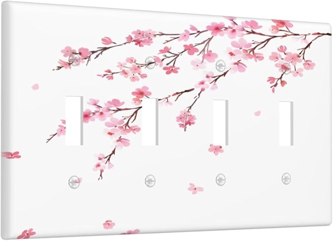 Watercolor Cherry Blossoms Flowers Pink Floral Light Switch Covers Quad Toggle Electrical Faceplate 4 Gang Wall Plate Decorative Switch Plates Cover for Bedroom Living Room Decor