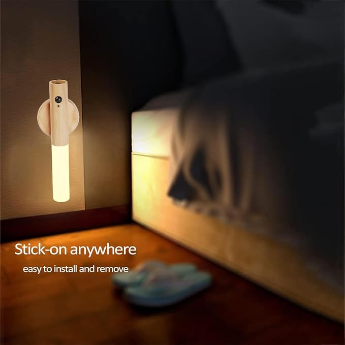 LANDGOO 1-Pack Magnetic Night Light with Motion Sensor, Ash Wood Cylindrical Rechargeable LED Lamp, White Light Only, Portable Bedside Light for Bedroom Nursery