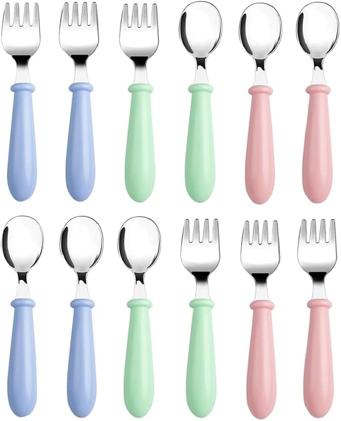 Pimoys 12 Pieces Toddler Utensils Kids Silverware Set Baby Forks and Spoons, Stainless Steel Childrens Safe Cutlery with Round Handle for Self Feeding, Dishwasher Safe