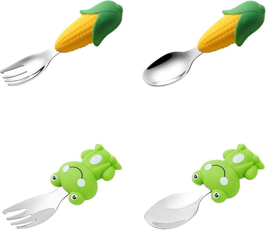 Toddler Utensils 4-Pack, Stainless Steel Toddler Forks and Spoons Set with Cute Frog & Corn Silicone Handles, Baby Kids Utensils, Children Safe Forks and Spoons Dishwasher Safe