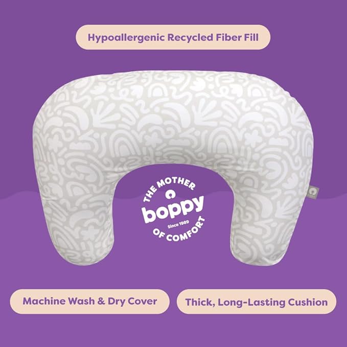 Boppy Nursing Pillow - Firm, Ergonomic U-Shaped Bottle and Breastfeeding Pillow with High Lift for Comfort and Support, Spacious Surface - Cream Retro Squiggles