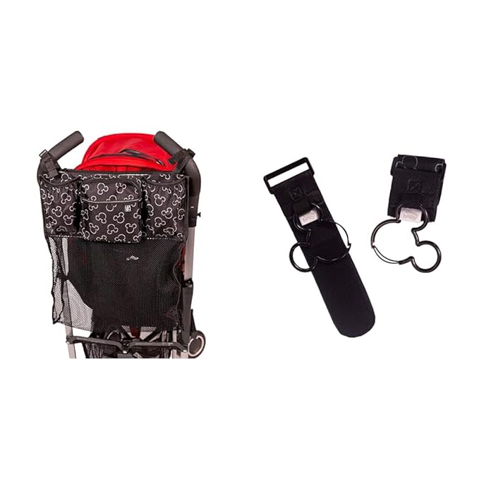 J.L. Childress Disney Baby Cups 'N Cargo Universal Stroller Organizer & Accessory, Mickey Black & Disney Baby Mickey Stroller Hooks, 2 Pack, Black